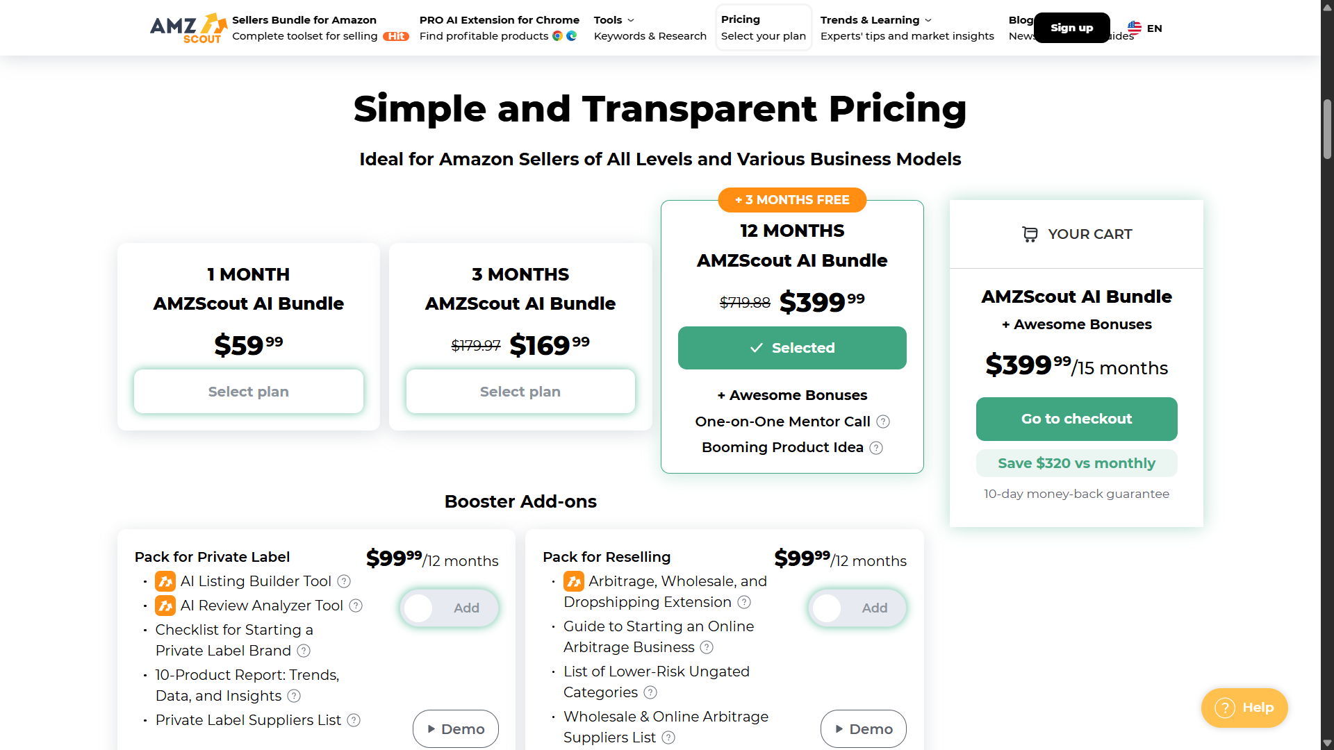 AMZScout AI Bundle pricing plans showing monthly and annual options