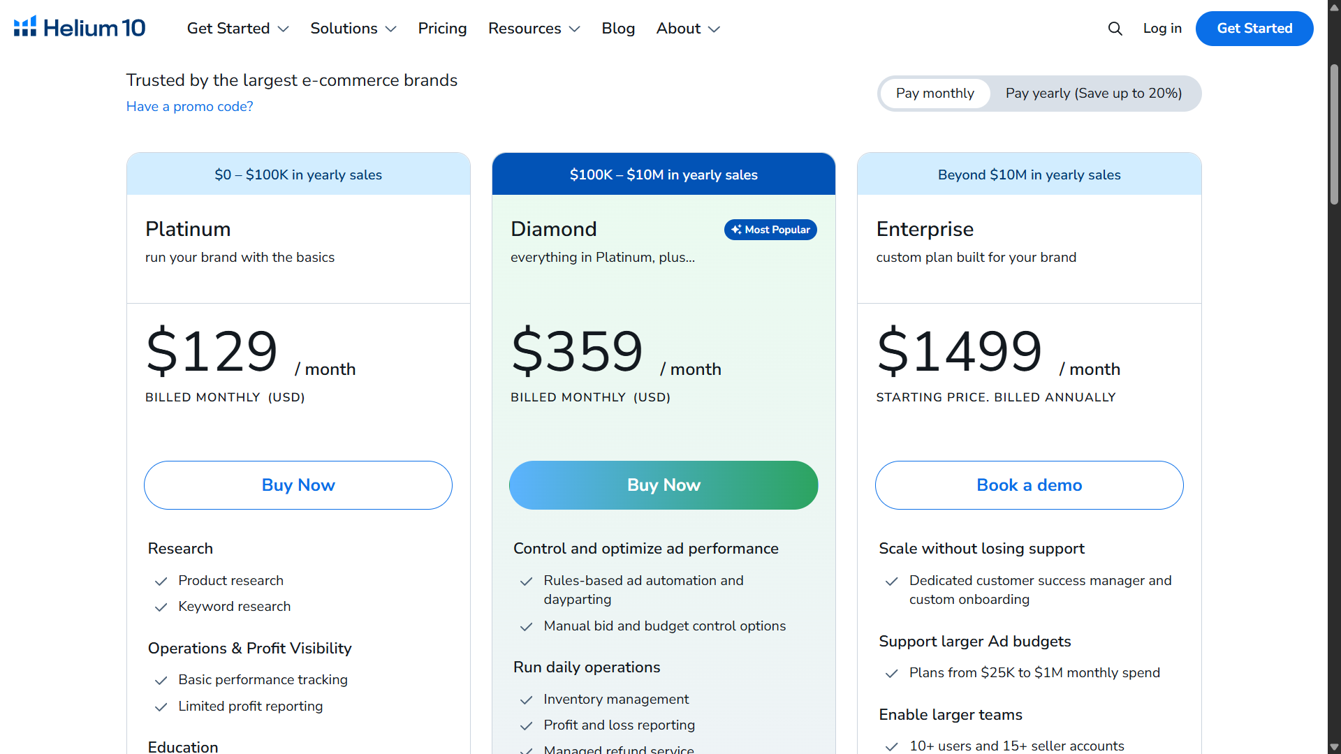 Helium 10 monthly pricing plans