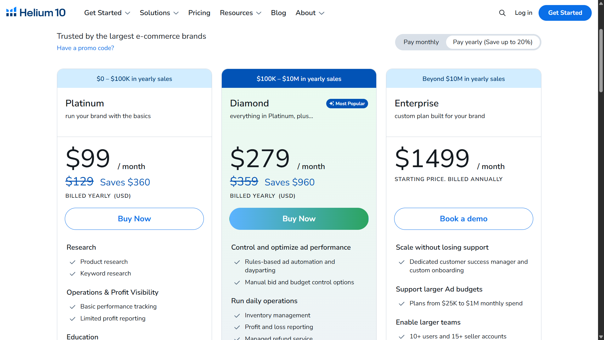 Helium 10 annual pricing plans showing discounted rates