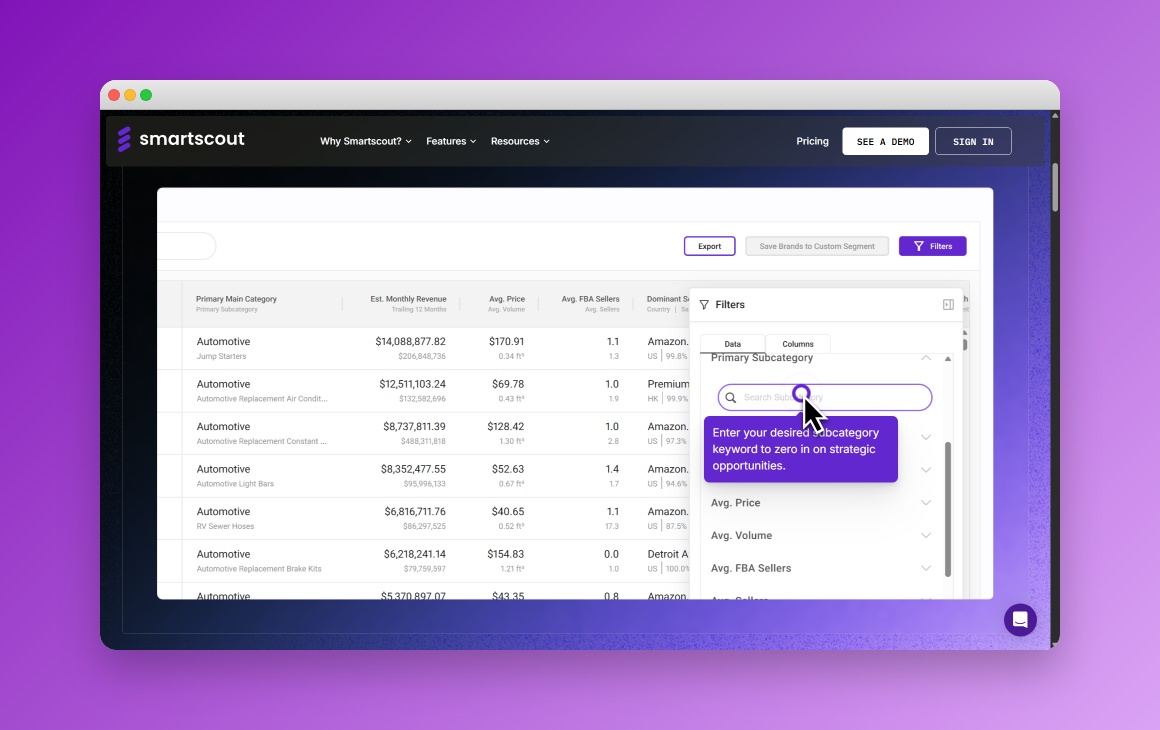 SmartScout Tool Dashboard showing category and brand analysis data